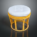 Round Stool With Yellow Rattan Frame And White Padded Seat
