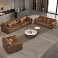 Modern Living Room Brown Leather Sofa Set With Armchair And Round Coffee Table