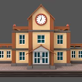Classic School Building With Clock Tower Red Roof Yellow Walls And Classroom Windows