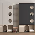 Light And Dark Gray Cabinet Units With Circular Holes Arched Openings Pet Beds And Toys