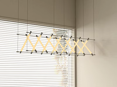 Modern Geometric Chandelier with Crisscross Wooden Frames Above Window Blinds 3d model