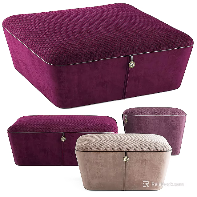 Velvet Purple and Beige Ottomans with Quilted Pattern Storage Function and Metal Clasp Design 3d model 