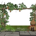 Rural Landscape with Gourd Trellis Vines Fu Character Gourd Green Plants Grass and Stone Path