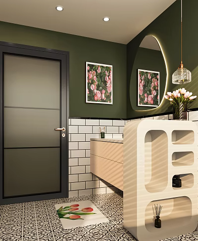 Modern Bathroom Interior Design With Green Walls White Tiles Floral Paintings And Beige Vanity 3d model