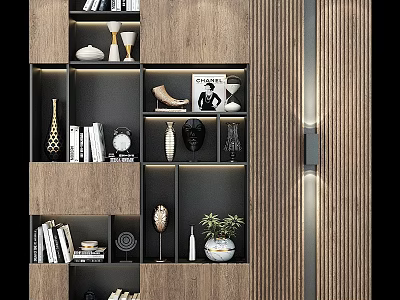 Modern Interior Wooden Display Shelf with Books Decorations Vases Clock and Plant 3d model