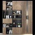 Modern Interior Wooden Display Shelf with Books Decorations Vases Clock and Plant