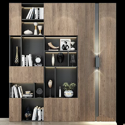 Modern Interior Wooden Display Shelf with Books Decorations Vases Clock and Plant 3d model