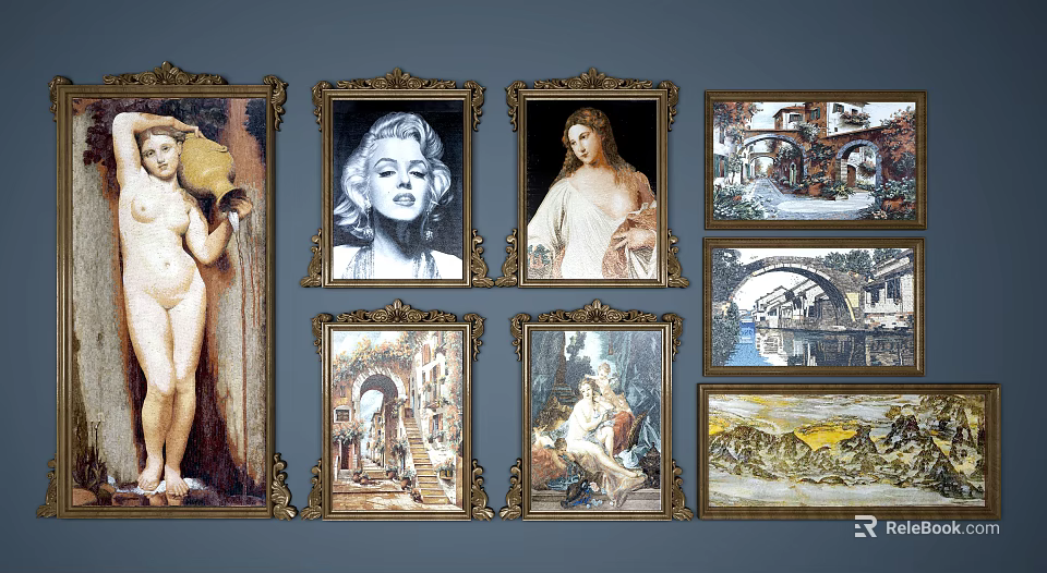 Collection of Framed Figurative Paintings Featuring Classical Portraits and Artworks 3d model 