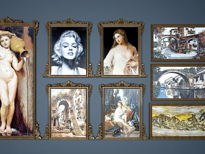 Collection of Framed Figurative Paintings Featuring Classical Portraits and Artworks 3d model