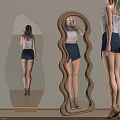 Wavy Irregular Shape Full Length Mirror Woman Checking Look On Indoor Wooden Floor