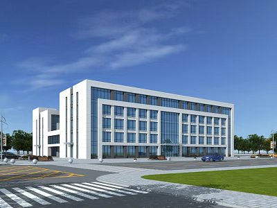Modern Office Building With White Exterior And Large Glass Windows Green Lawn Area 3d model