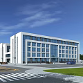 Modern Office Building With White Exterior And Large Glass Windows Green Lawn Area
