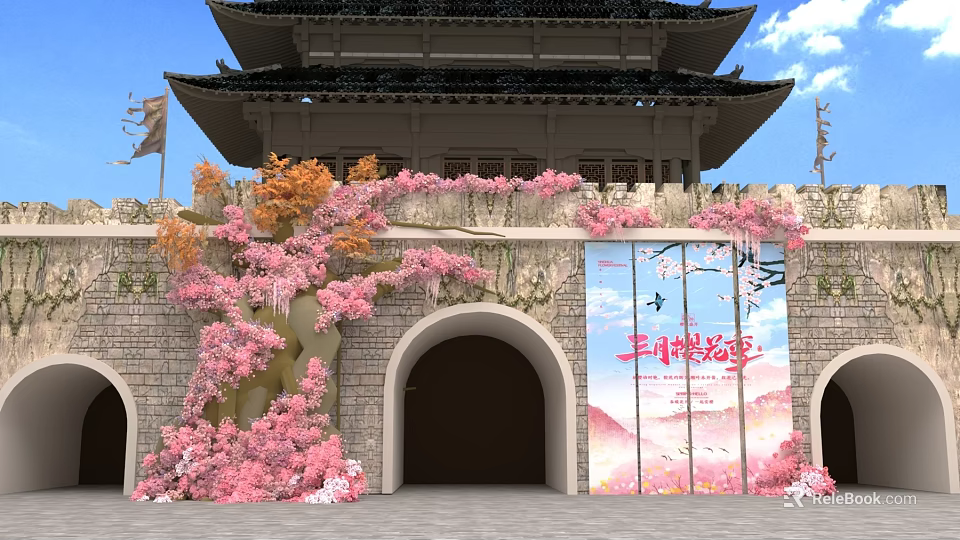 Traditional Ancient Architecture Floral Decoration With Pink Cherry Blossoms On Stone Archway And Decorative Wall 3d model 
