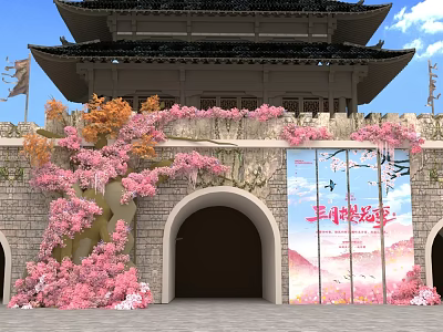 Traditional Ancient Architecture Floral Decoration With Pink Cherry Blossoms On Stone Archway And Decorative Wall 3d model