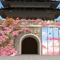 Traditional Ancient Architecture Floral Decoration With Pink Cherry Blossoms On Stone Archway And Decorative Wall