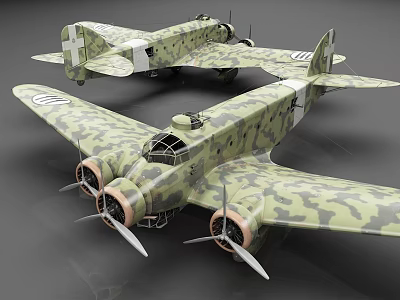 Vintage Camouflage Painted Fighter Plane Models with Twin Propellers and Wing Insignia 3d model