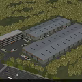 Industrial Warehouse Complex Surrounded By Green Trees And Parking Area 3d model