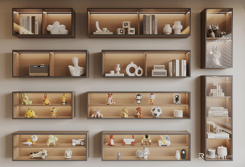 Modern Wooden Decorative Cabinets With Open Shelves Displaying Books Figurines And Artworks 3d model 