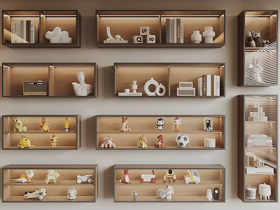 Modern Wooden Decorative Cabinets With Open Shelves Displaying Books Figurines And Artworks 3d model