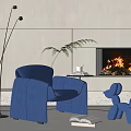 Modern Blue Single Sofa in Living Room with Fireplace Floor Lamp and Balloon Dog Decor