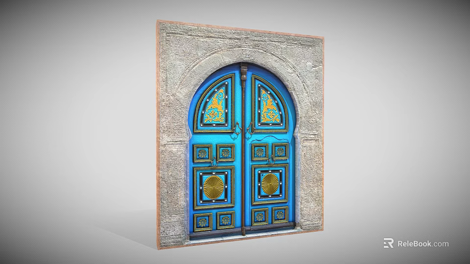 Blue Door With Gold Decorative Patterns And Arched Frame In Stone Wall 3d model 