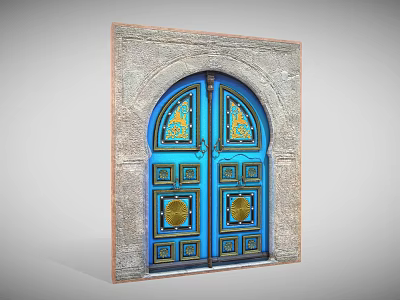 Blue Door With Gold Decorative Patterns And Arched Frame In Stone Wall 3d model