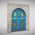 Blue Door With Gold Decorative Patterns And Arched Frame In Stone Wall