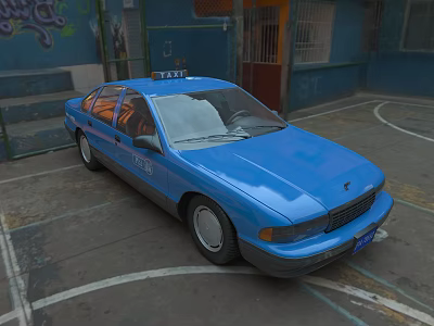 Old Blue Taxi Parked Near Graffiti Wall On Basketball Court Surface 3d model