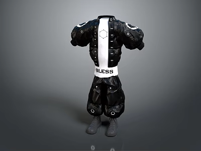 Black Tactical Padded Clothing with White Accents and Waistband Featuring BLESS Text 3d model
