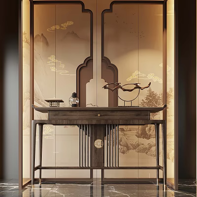 Traditional Chinese Wooden Console Table With Landscape Screen And Decorative Ornaments 3d model