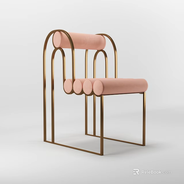 Modern Pink Upholstered Leisure Chair with Gold Arched Metal Frame 3d model 