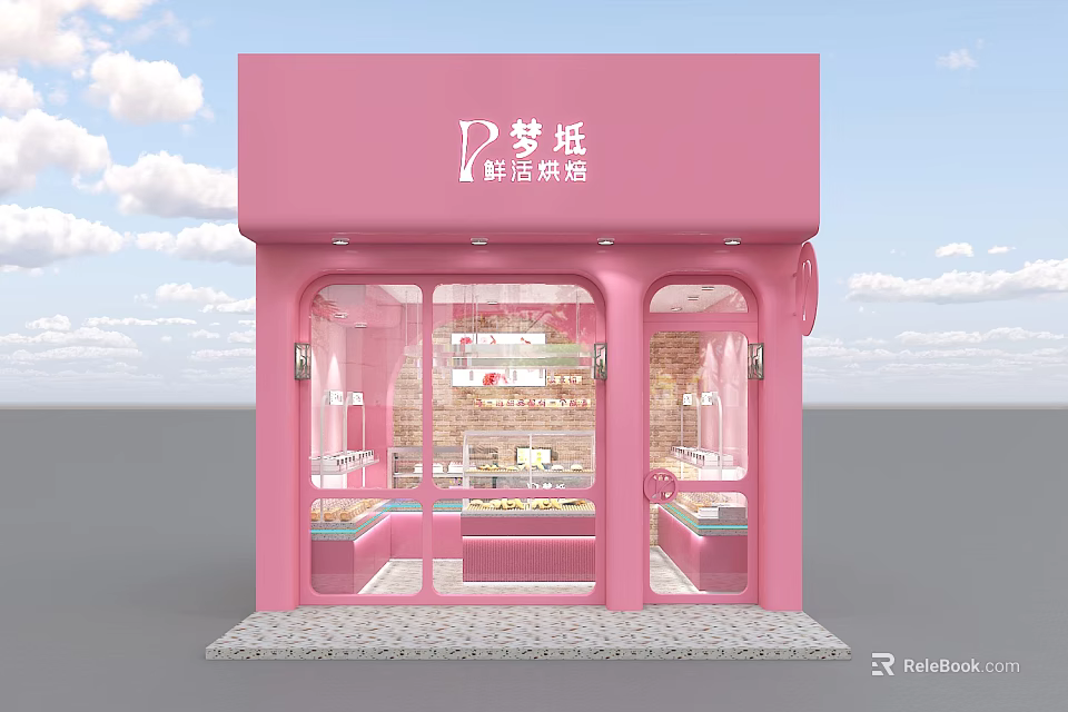 Pink Exterior Dessert Shop With Glass Windows And Modern Baking Displays 3d model 