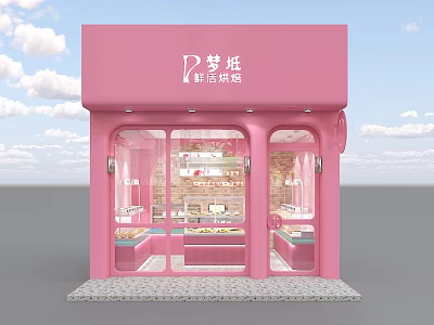 Pink Exterior Dessert Shop With Glass Windows And Modern Baking Displays 3d model