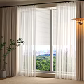 Beige Curtains With Sheer Layers And City Green Landscape Through Window Indoor Plant Pendant Light