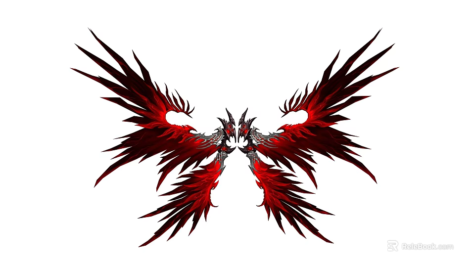 Red And Black Symmetrical Wings With Ornate Dragon Head Feather Details 3d model 