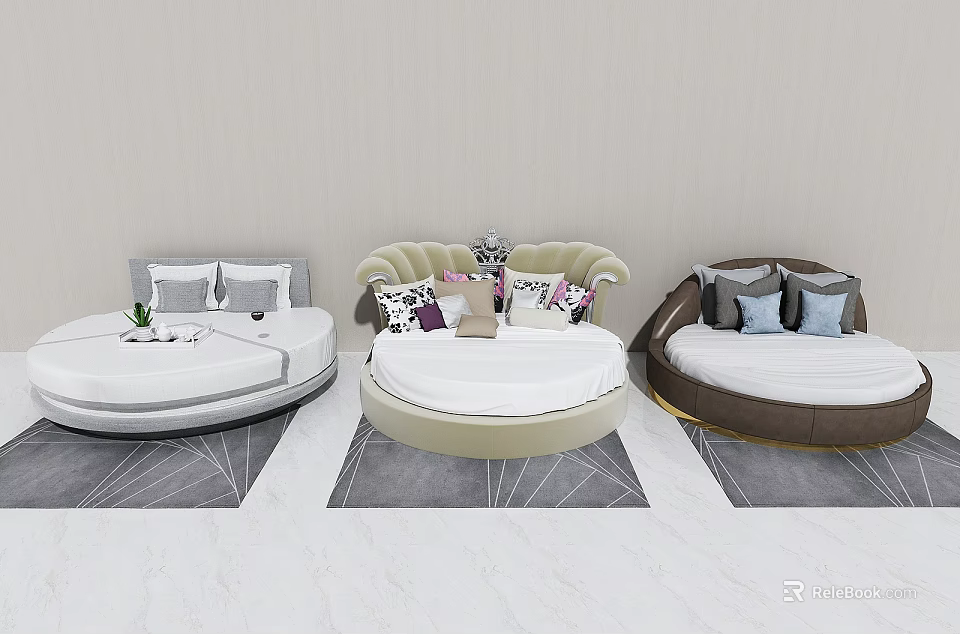 Modern Round Bed Interior With White Beige Brown Mattresses And Decorative Pillows 3d model 