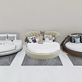 Modern Round Bed Interior With White Beige Brown Mattresses And Decorative Pillows