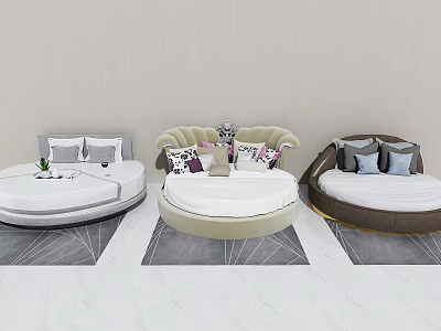 Modern Round Bed Interior With White Beige Brown Mattresses And Decorative Pillows 3d model
