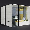 Modern Modular Office Workspace With Glass Doors Desk Computer Yellow Walls And Plants