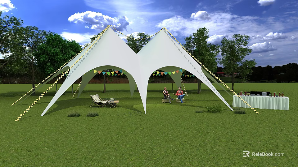 White Double Roof Tent in Green Grass Area with Colorful Flags People and Trees 3d model 