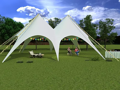 White Double Roof Tent in Green Grass Area with Colorful Flags People and Trees 3d model