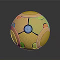 Golden Industrial Equipment Sphere With Geometric Patterns Central White Circle Shiny Surface Design