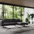Gray Sectional Sofa with Natural Light Large Windows White Coffee Table and Green Trees View 3d model