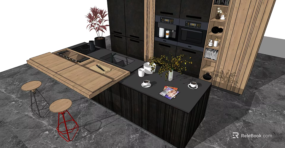 Modern Kitchen Interior With Black Cabinets Wooden Island And Open Shelves 3d model 