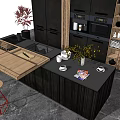 Modern Kitchen Interior With Black Cabinets Wooden Island And Open Shelves