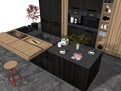 Modern Kitchen Interior With Black Cabinets Wooden Island And Open Shelves 3d model
