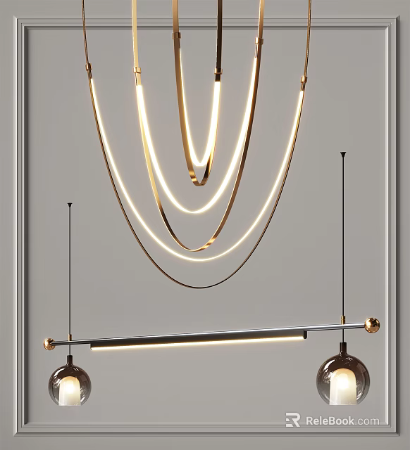Modern Luxury Gold Chandelier With Circular Rings And Double Spherical Lights 3d model 