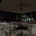 Modern Restaurant Outdoor Terrace With Large Windows City Night View Two Chairs And Fire Pit