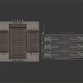 Industrial Metal Equipment With Stacked Rectangular Cases And Elongated Trays