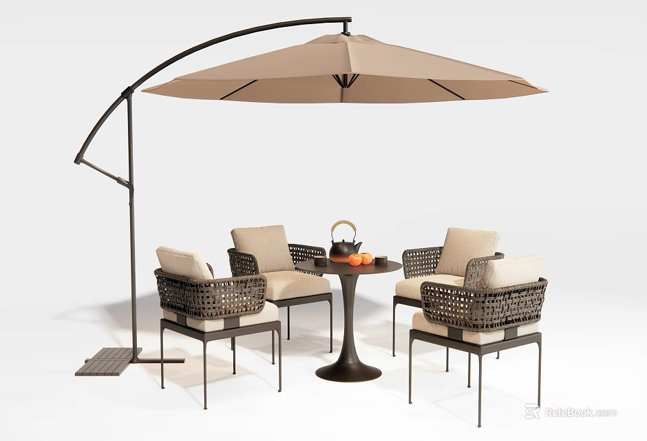 Stylish Outdoor Table With Cantilever Umbrella Rattan Chairs And Beige Cushions 3d model 